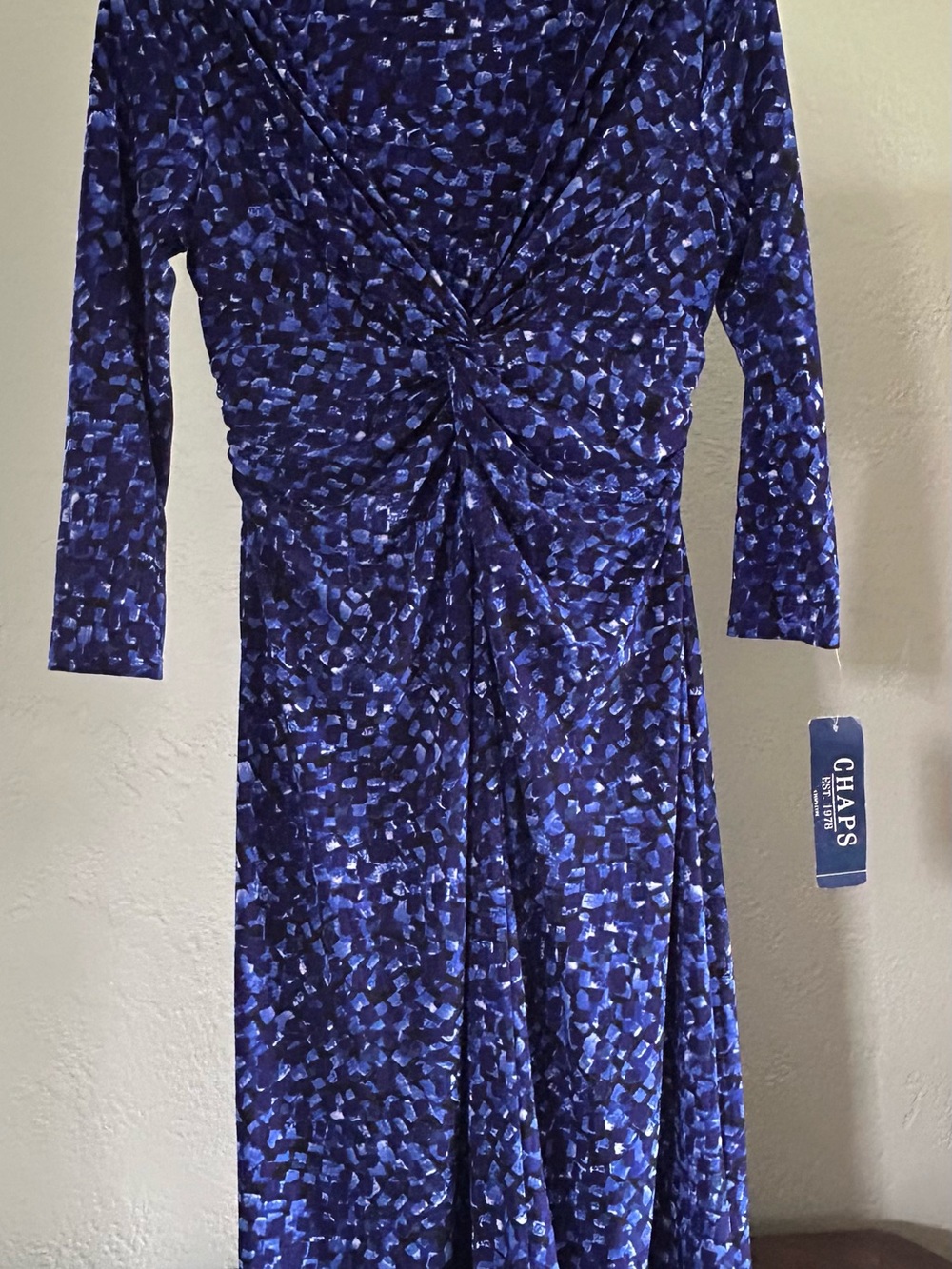 Chaps Navy and Cobalt Twist-Front 3/4 Long Sleeve Dress Med NWT